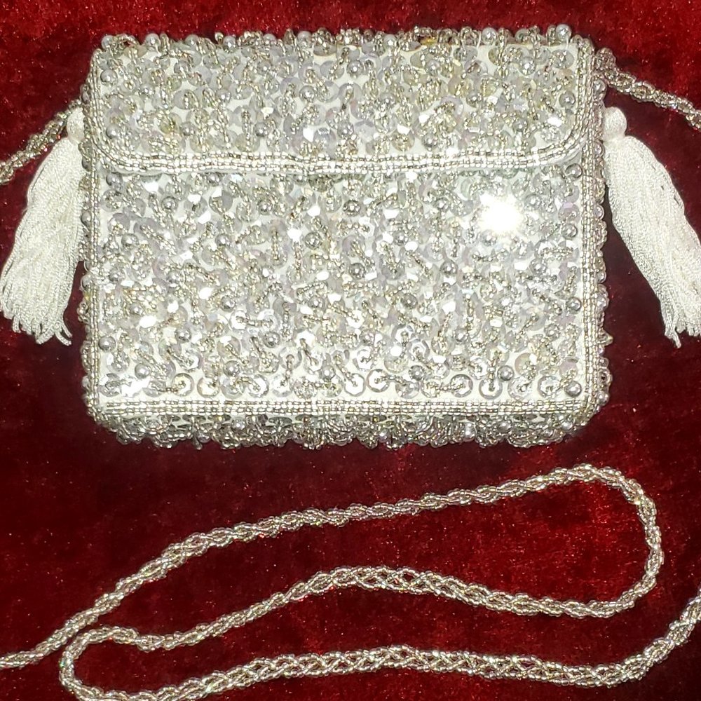 Sparkly Silver Beaded Purse with Sequins - for Black Tie, Prom, Weddings